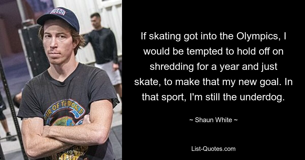 If skating got into the Olympics, I would be tempted to hold off on shredding for a year and just skate, to make that my new goal. In that sport, I'm still the underdog. — © Shaun White