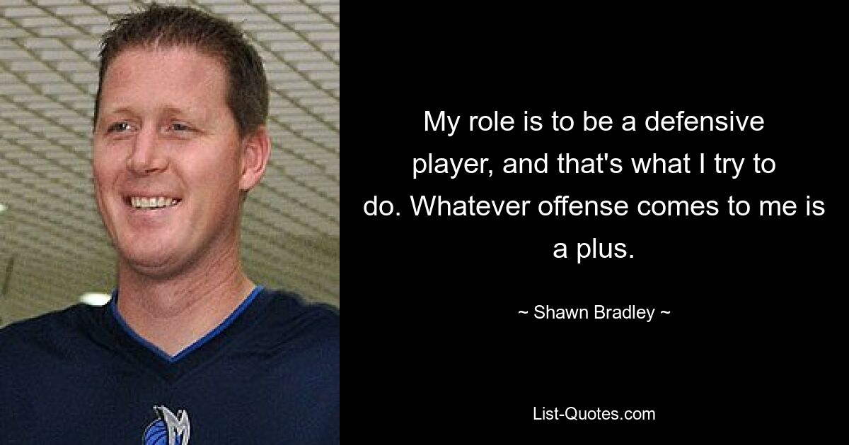 My role is to be a defensive player, and that's what I try to do. Whatever offense comes to me is a plus. — © Shawn Bradley