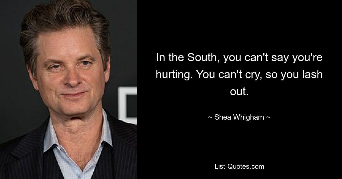 In the South, you can't say you're hurting. You can't cry, so you lash out. — © Shea Whigham