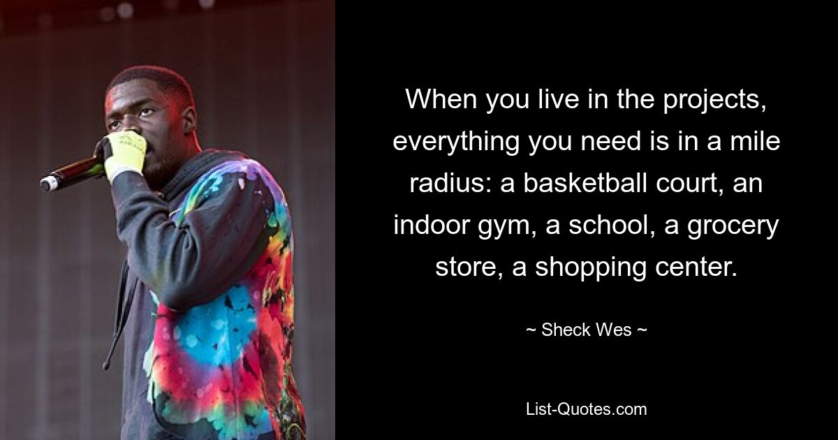 When you live in the projects, everything you need is in a mile radius: a basketball court, an indoor gym, a school, a grocery store, a shopping center. — © Sheck Wes