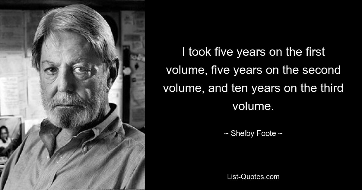 I took five years on the first volume, five years on the second volume, and ten years on the third volume. — © Shelby Foote