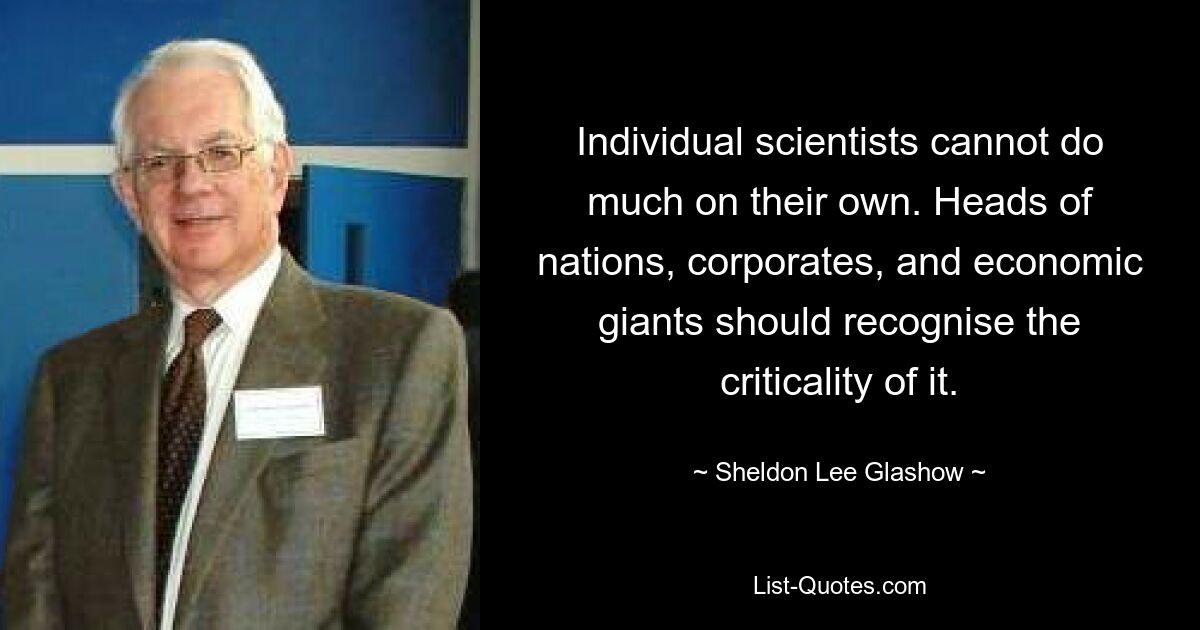 Individual scientists cannot do much on their own. Heads of nations, corporates, and economic giants should recognise the criticality of it. — © Sheldon Lee Glashow