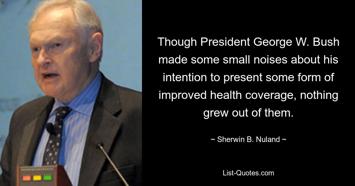 Though President George W. Bush made some small noises about his intention to present some form of improved health coverage, nothing grew out of them. — © Sherwin B. Nuland