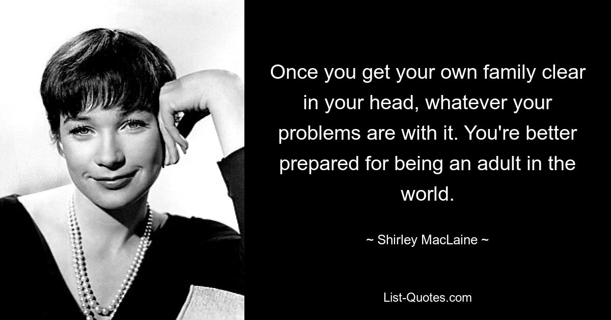 Once you get your own family clear in your head, whatever your problems are with it. You're better prepared for being an adult in the world. — © Shirley MacLaine