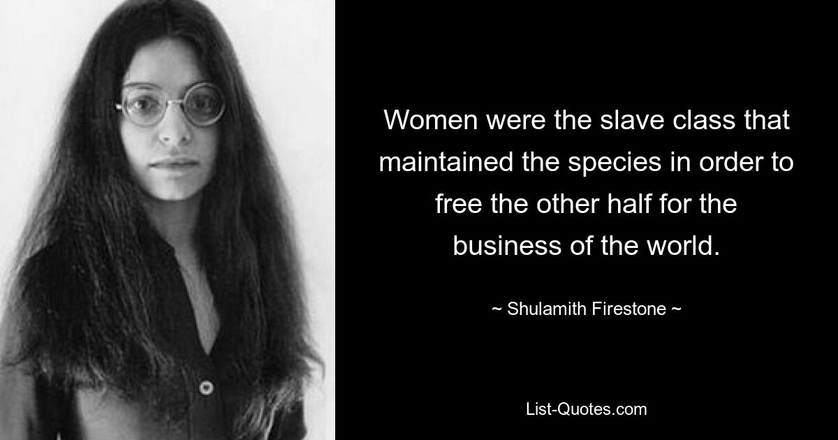 Women were the slave class that maintained the species in order to free the other half for the business of the world. — © Shulamith Firestone