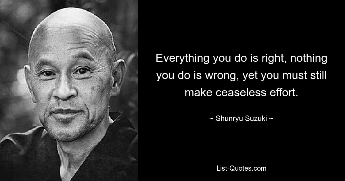 Everything you do is right, nothing you do is wrong, yet you must still make ceaseless effort. — © Shunryu Suzuki