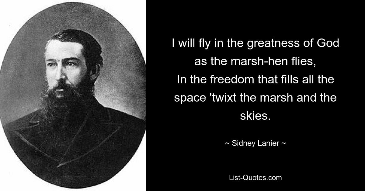 Ich werde in der Größe Gottes fliegen, wie das Sumpfhuhn fliegt, in der Freiheit, die den ganzen Raum zwischen dem Sumpf und dem Himmel erfüllt. — © Sidney Lanier