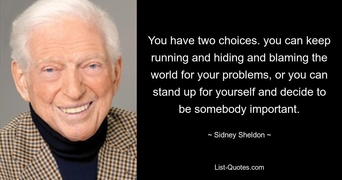 You have two choices. you can keep running and hiding and blaming the world for your problems, or you can stand up for yourself and decide to be somebody important. — © Sidney Sheldon