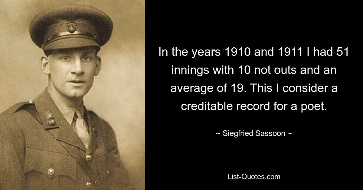 In the years 1910 and 1911 I had 51 innings with 10 not outs and an average of 19. This I consider a creditable record for a poet. — © Siegfried Sassoon