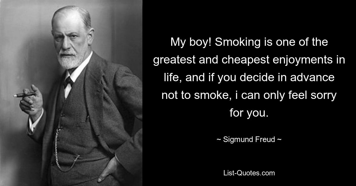 My boy! Smoking is one of the greatest and cheapest enjoyments in life, and if you decide in advance not to smoke, i can only feel sorry for you. — © Sigmund Freud