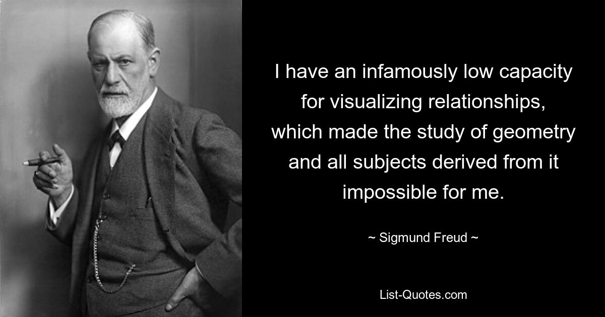 I have an infamously low capacity for visualizing relationships, which made the study of geometry and all subjects derived from it impossible for me. — © Sigmund Freud