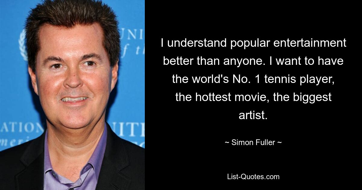 I understand popular entertainment better than anyone. I want to have the world's No. 1 tennis player, the hottest movie, the biggest artist. — © Simon Fuller