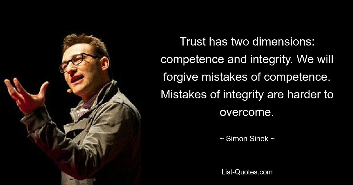 Trust has two dimensions: competence and integrity. We will forgive mistakes of competence. Mistakes of integrity are harder to overcome. — © Simon Sinek