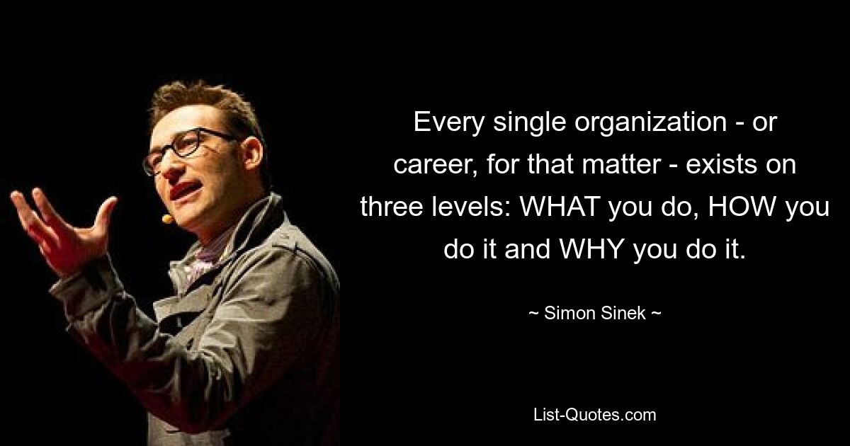 Every single organization - or career, for that matter - exists on three levels: WHAT you do, HOW you do it and WHY you do it. — © Simon Sinek