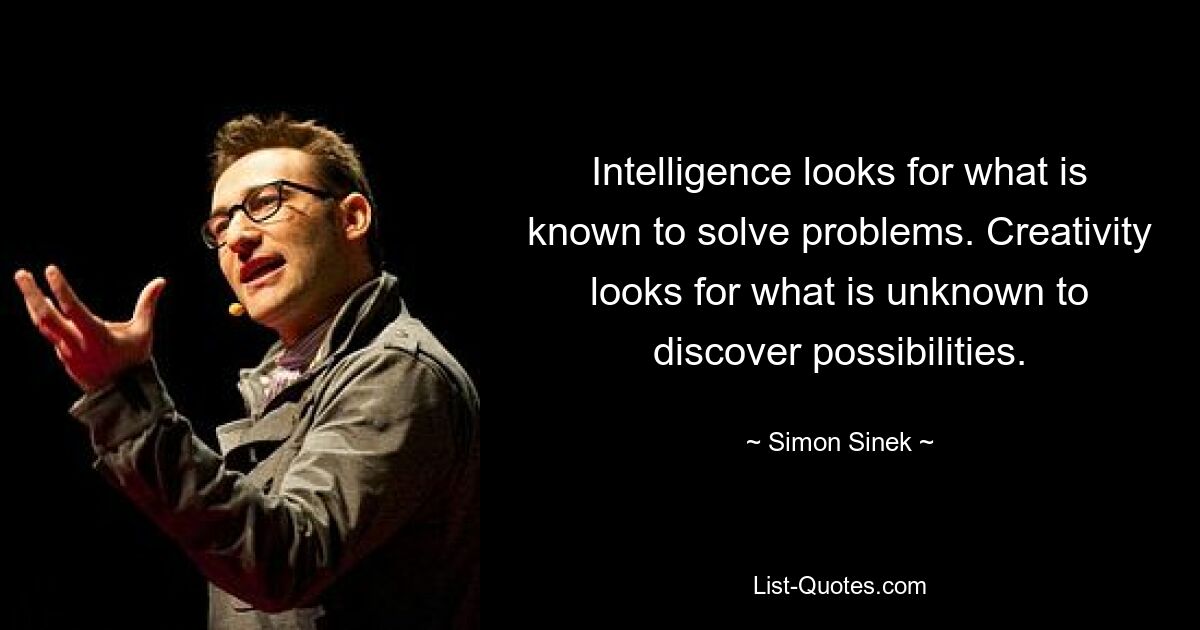 Intelligence looks for what is known to solve problems. Creativity looks for what is unknown to discover possibilities. — © Simon Sinek