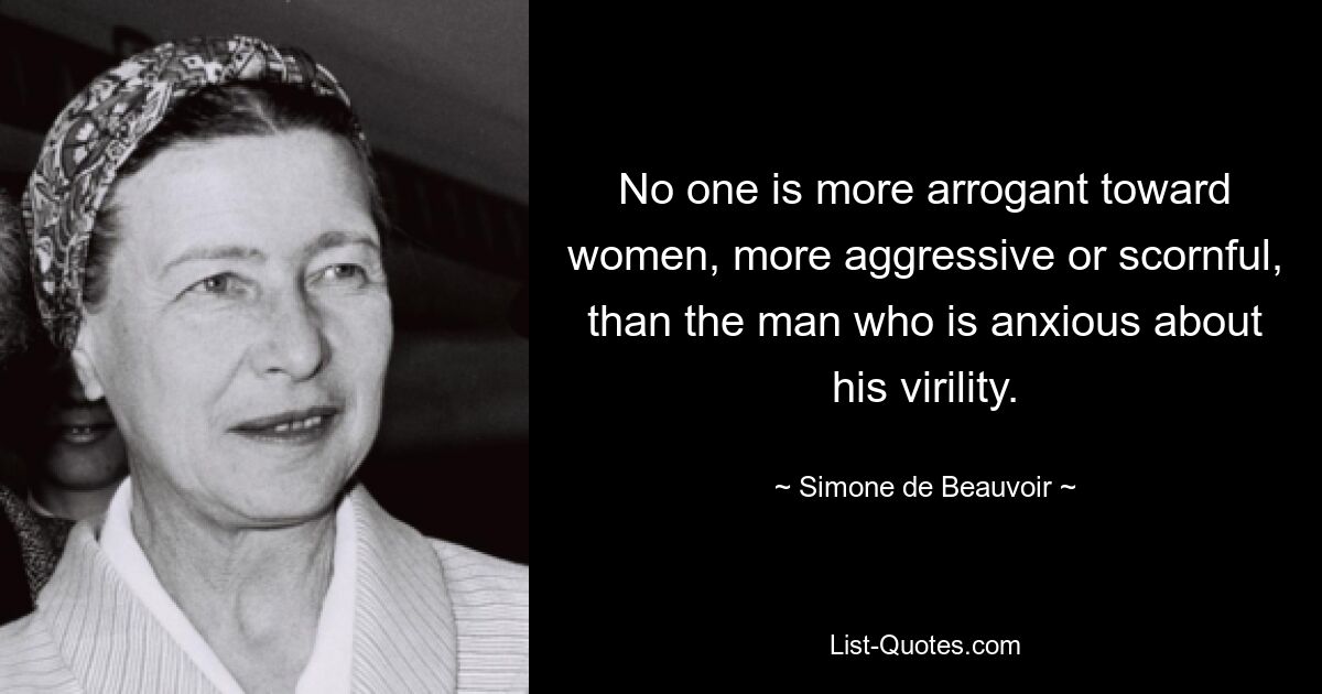 No one is more arrogant toward women, more aggressive or scornful, than the man who is anxious about his virility. — © Simone de Beauvoir