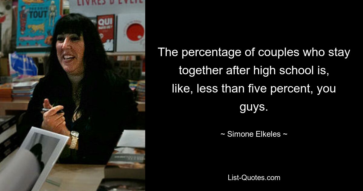 The percentage of couples who stay together after high school is, like, less than five percent, you guys. — © Simone Elkeles