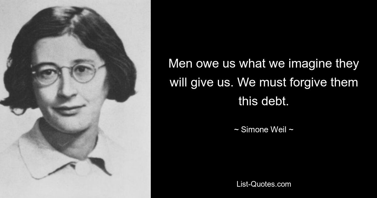 Men owe us what we imagine they will give us. We must forgive them this debt. — © Simone Weil