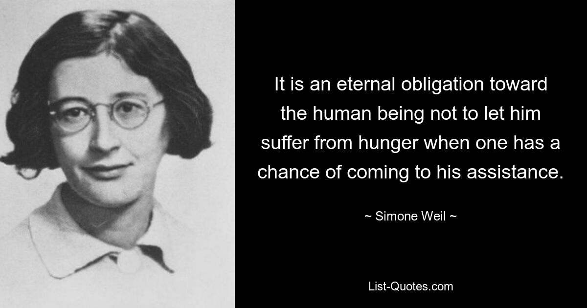Вечная обязанность человека — не давать ему страдать от голода, когда есть возможность прийти ему на помощь. — © Симона Вайль 