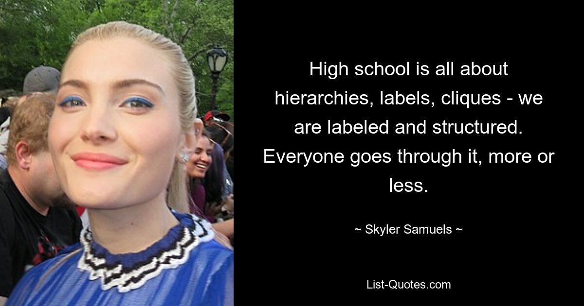 High school is all about hierarchies, labels, cliques - we are labeled and structured. Everyone goes through it, more or less. — © Skyler Samuels