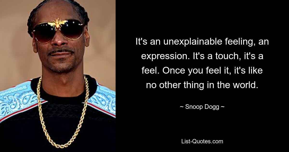 It's an unexplainable feeling, an expression. It's a touch, it's a feel. Once you feel it, it's like no other thing in the world. — © Snoop Dogg