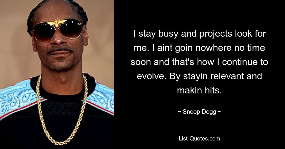 I stay busy and projects look for me. I aint goin nowhere no time soon and that's how I continue to evolve. By stayin relevant and makin hits. — © Snoop Dogg