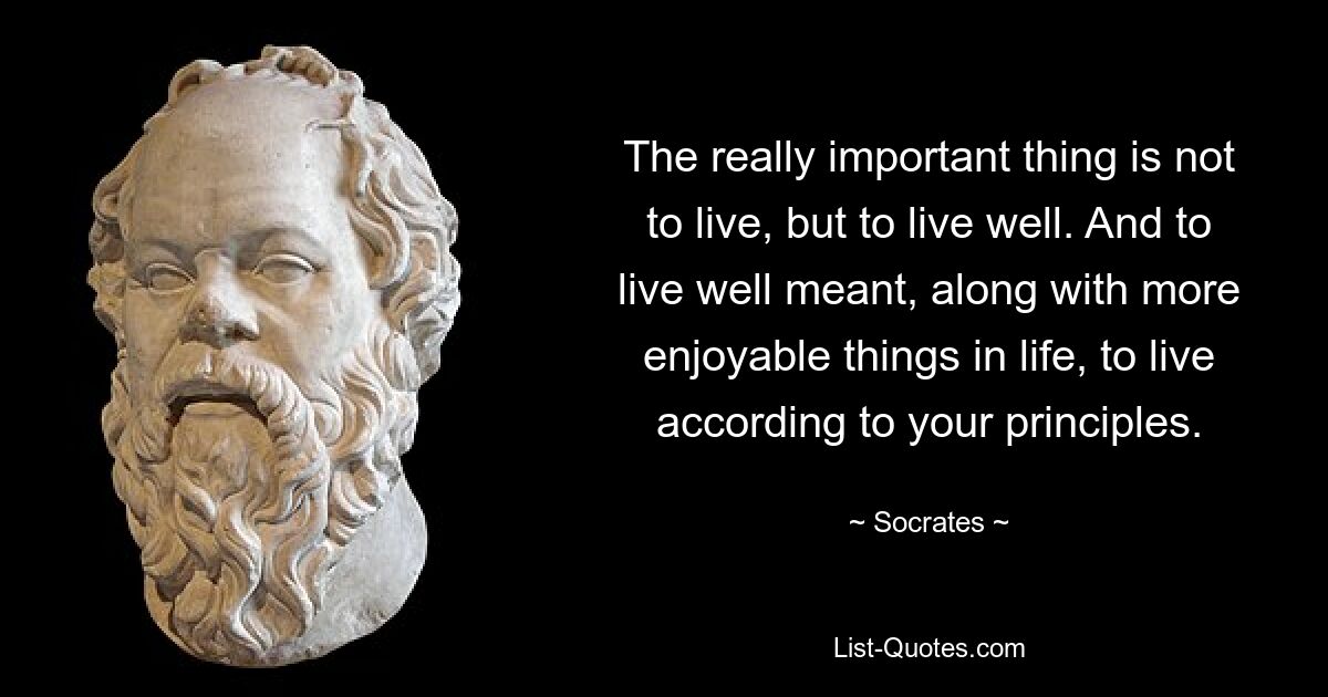 The really important thing is not to live, but to live well. And to live well meant, along with more enjoyable things in life, to live according to your principles. — © Socrates