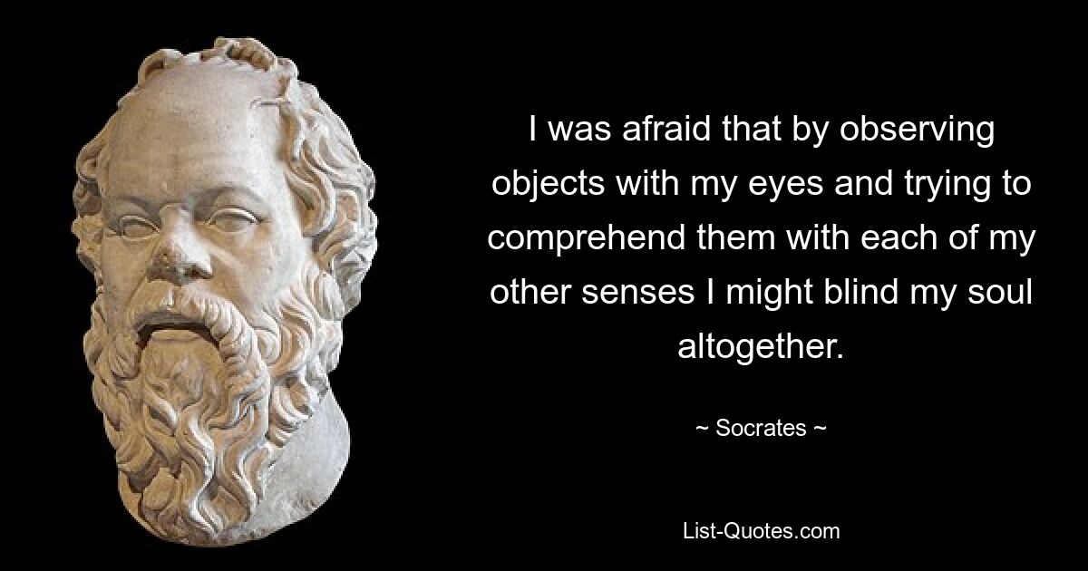 I was afraid that by observing objects with my eyes and trying to comprehend them with each of my other senses I might blind my soul altogether. — © Socrates