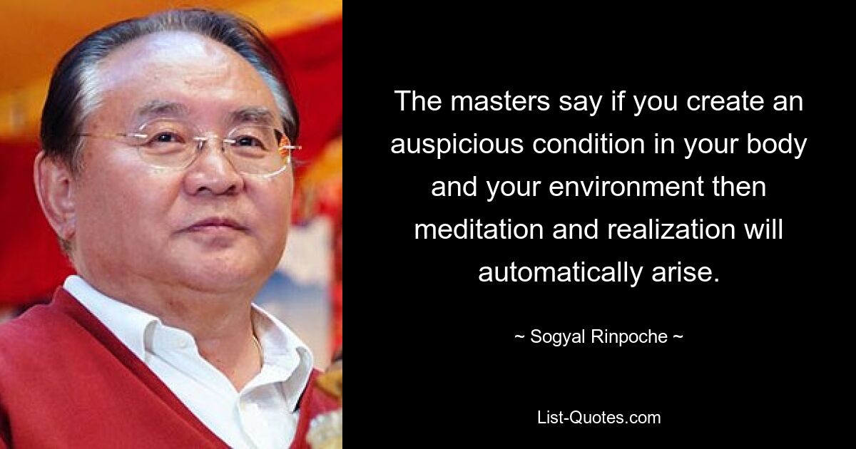 The masters say if you create an auspicious condition in your body and your environment then meditation and realization will automatically arise. — © Sogyal Rinpoche