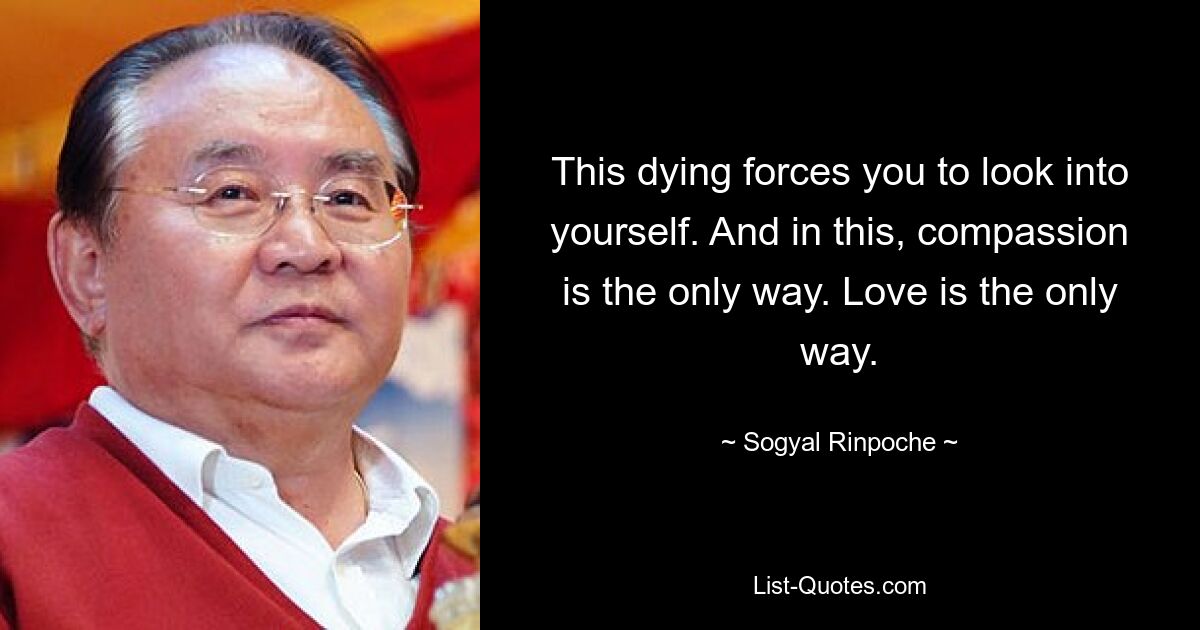 This dying forces you to look into yourself. And in this, compassion is the only way. Love is the only way. — © Sogyal Rinpoche