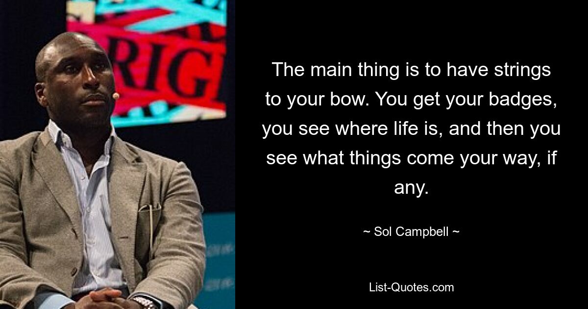 The main thing is to have strings to your bow. You get your badges, you see where life is, and then you see what things come your way, if any. — © Sol Campbell