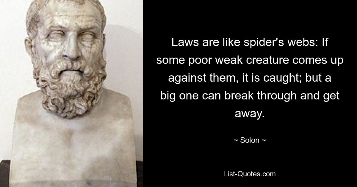 Laws are like spider's webs: If some poor weak creature comes up against them, it is caught; but a big one can break through and get away. — © Solon