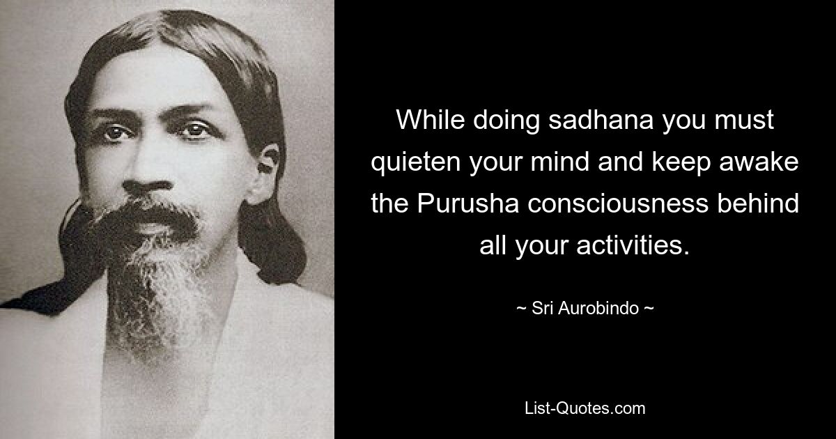 While doing sadhana you must quieten your mind and keep awake the Purusha consciousness behind all your activities. — © Sri Aurobindo