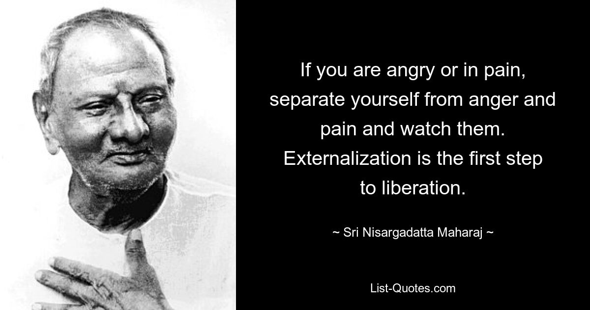 If you are angry or in pain, separate yourself from anger and pain and watch them. Externalization is the first step to liberation. — © Sri Nisargadatta Maharaj