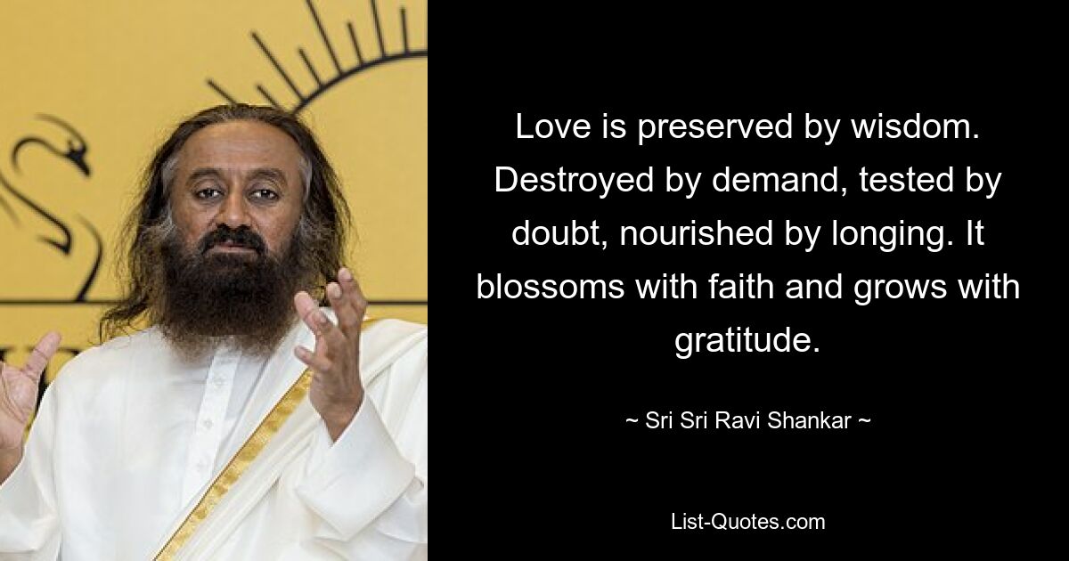 Love is preserved by wisdom. Destroyed by demand, tested by doubt, nourished by longing. It blossoms with faith and grows with gratitude. — © Sri Sri Ravi Shankar