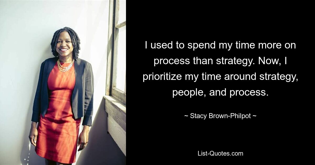 I used to spend my time more on process than strategy. Now, I prioritize my time around strategy, people, and process. — © Stacy Brown-Philpot