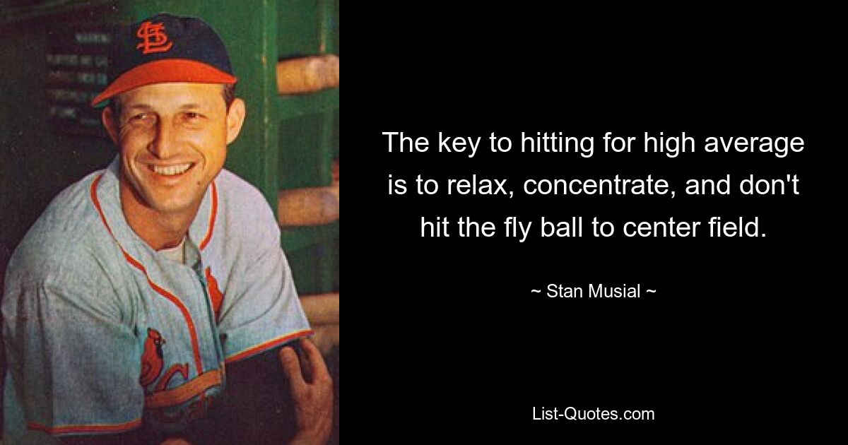 The key to hitting for high average is to relax, concentrate, and don't hit the fly ball to center field. — © Stan Musial