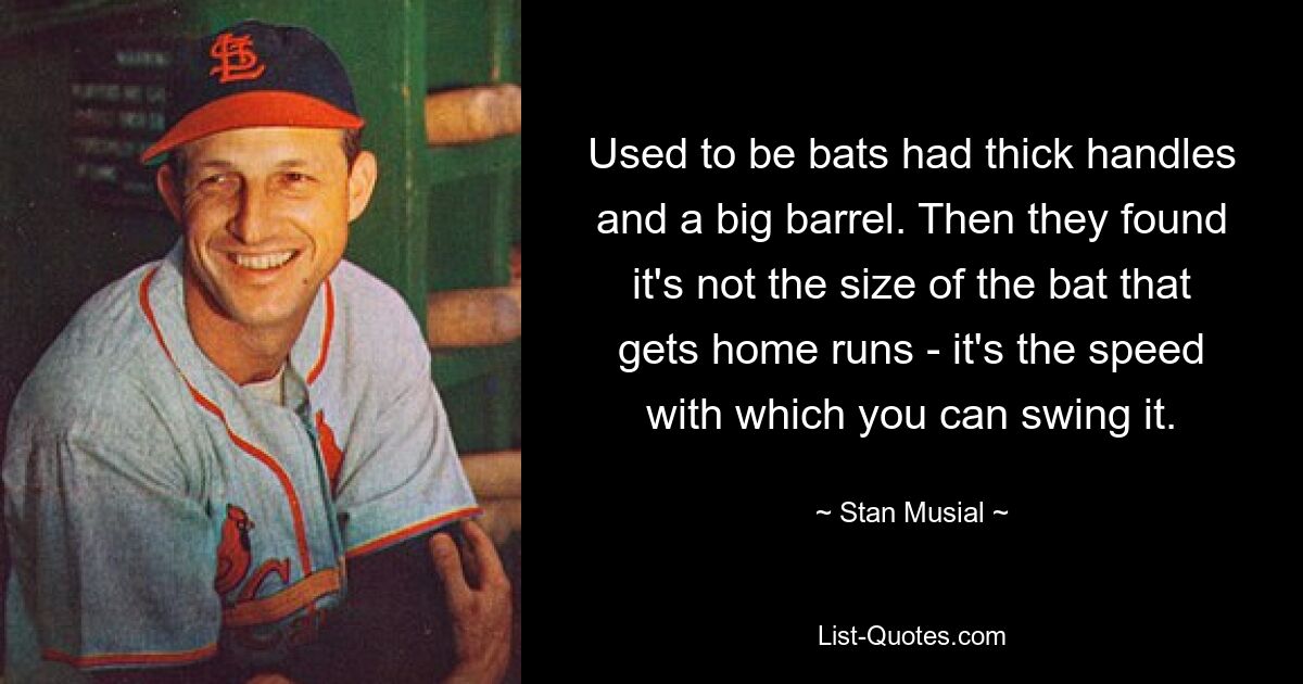 Used to be bats had thick handles and a big barrel. Then they found it's not the size of the bat that gets home runs - it's the speed with which you can swing it. — © Stan Musial