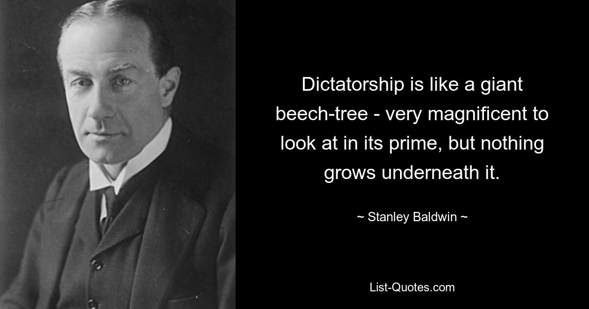 Dictatorship is like a giant beech-tree - very magnificent to look at in its prime, but nothing grows underneath it. — © Stanley Baldwin