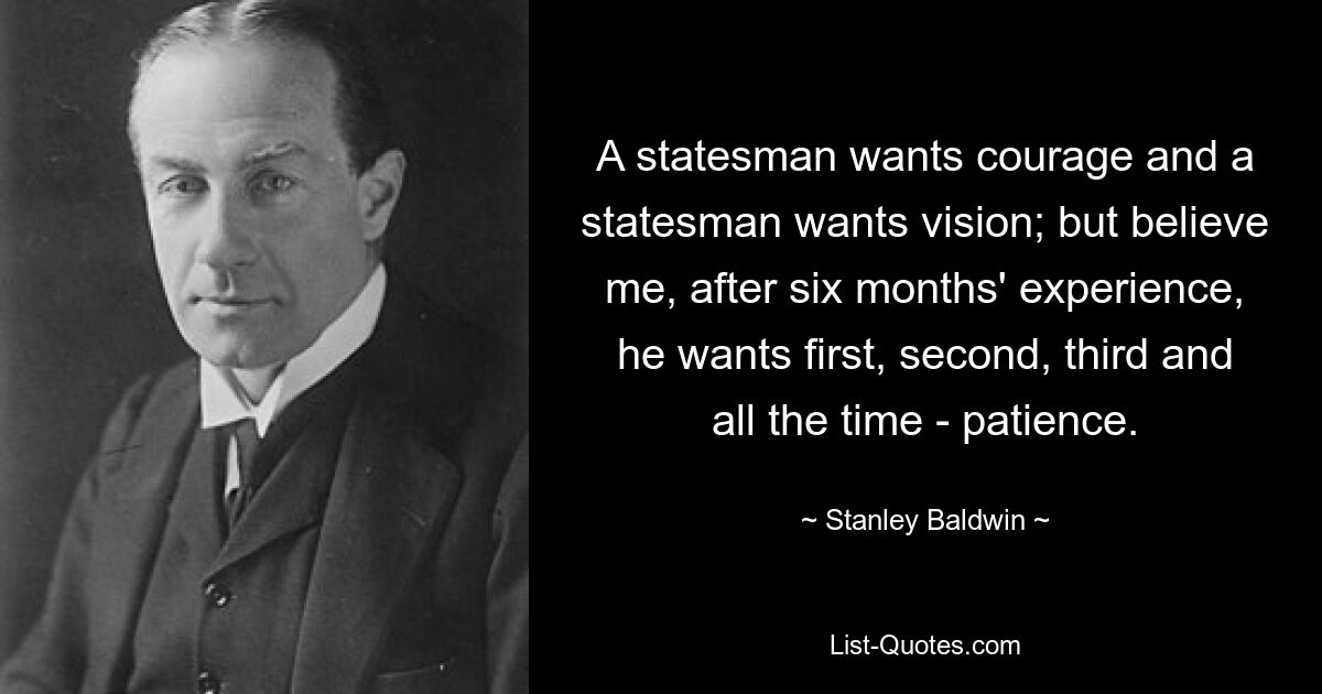 A statesman wants courage and a statesman wants vision; but believe me, after six months' experience, he wants first, second, third and all the time - patience. — © Stanley Baldwin