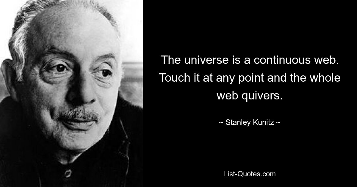 Das Universum ist ein kontinuierliches Netz. Berühren Sie es an einer beliebigen Stelle und das gesamte Web bebt. — © Stanley Kunitz