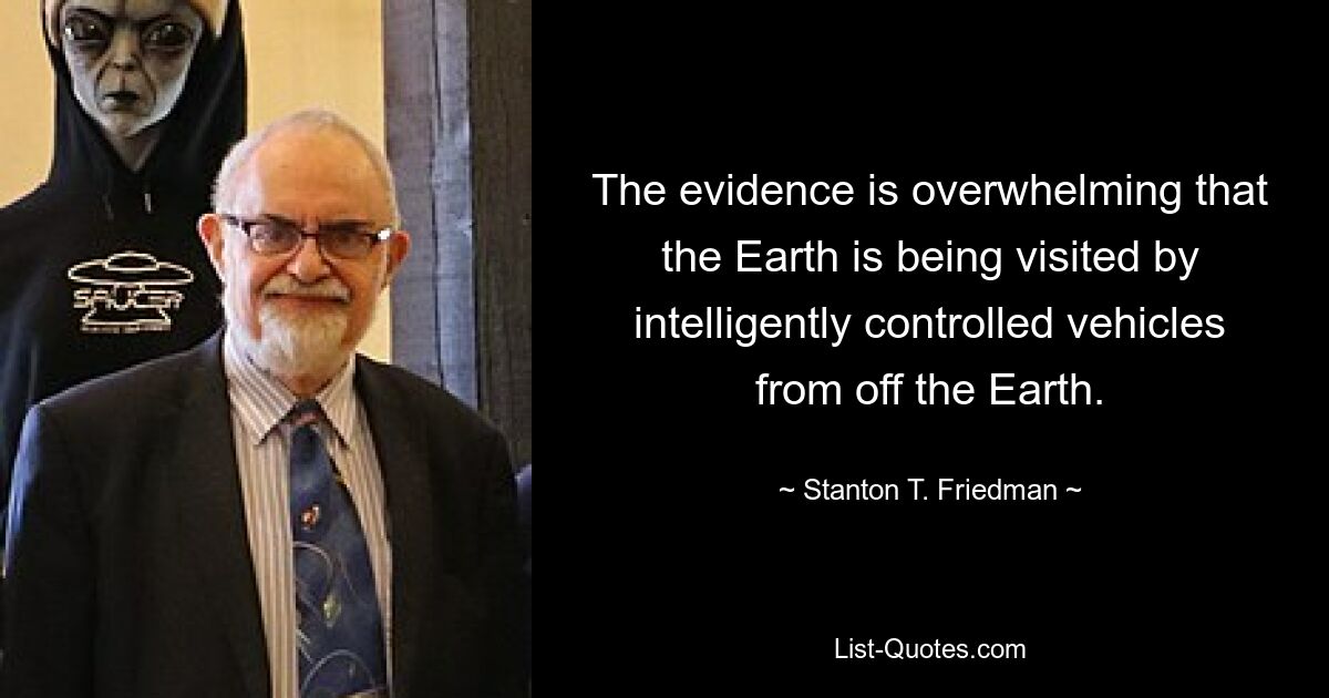 The evidence is overwhelming that the Earth is being visited by intelligently controlled vehicles from off the Earth. — © Stanton T. Friedman