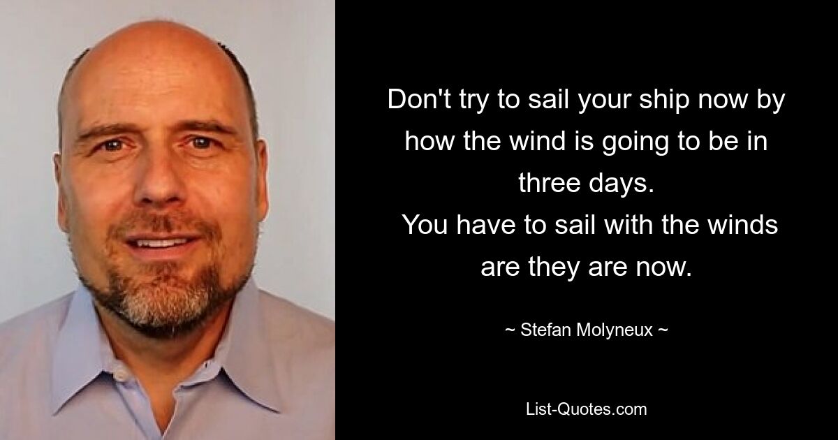 Versuchen Sie jetzt nicht, Ihr Schiff danach zu steuern, wie der Wind in drei Tagen sein wird. Man muss mit den Winden segeln, so wie sie jetzt sind. — © Stefan Molyneux 