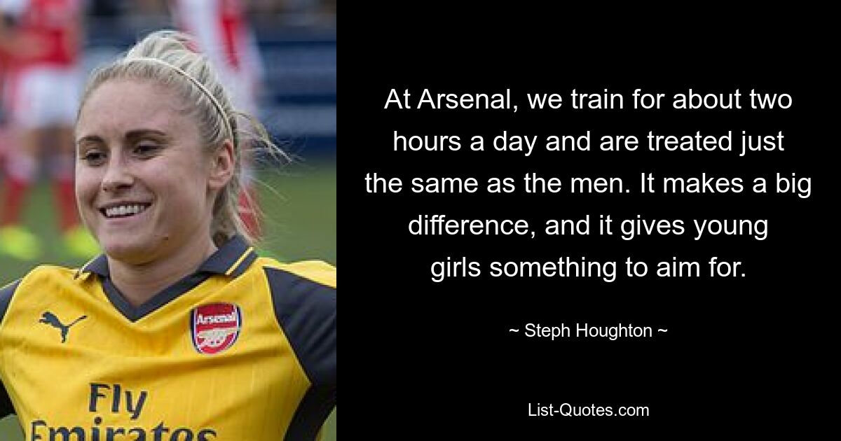 At Arsenal, we train for about two hours a day and are treated just the same as the men. It makes a big difference, and it gives young girls something to aim for. — © Steph Houghton