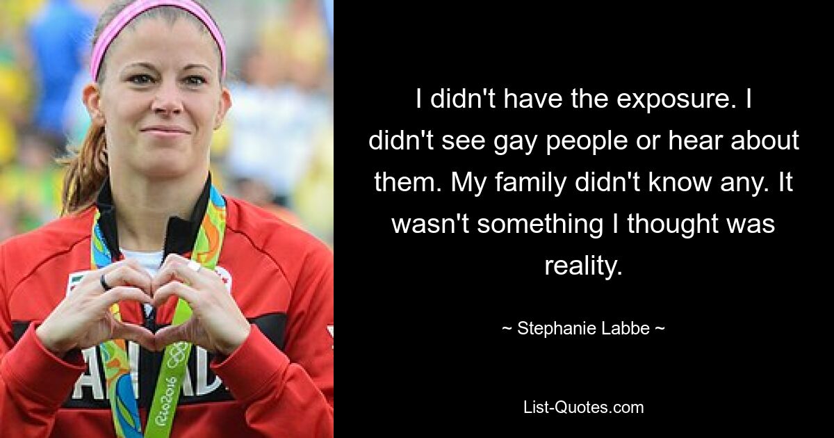 I didn't have the exposure. I didn't see gay people or hear about them. My family didn't know any. It wasn't something I thought was reality. — © Stephanie Labbe