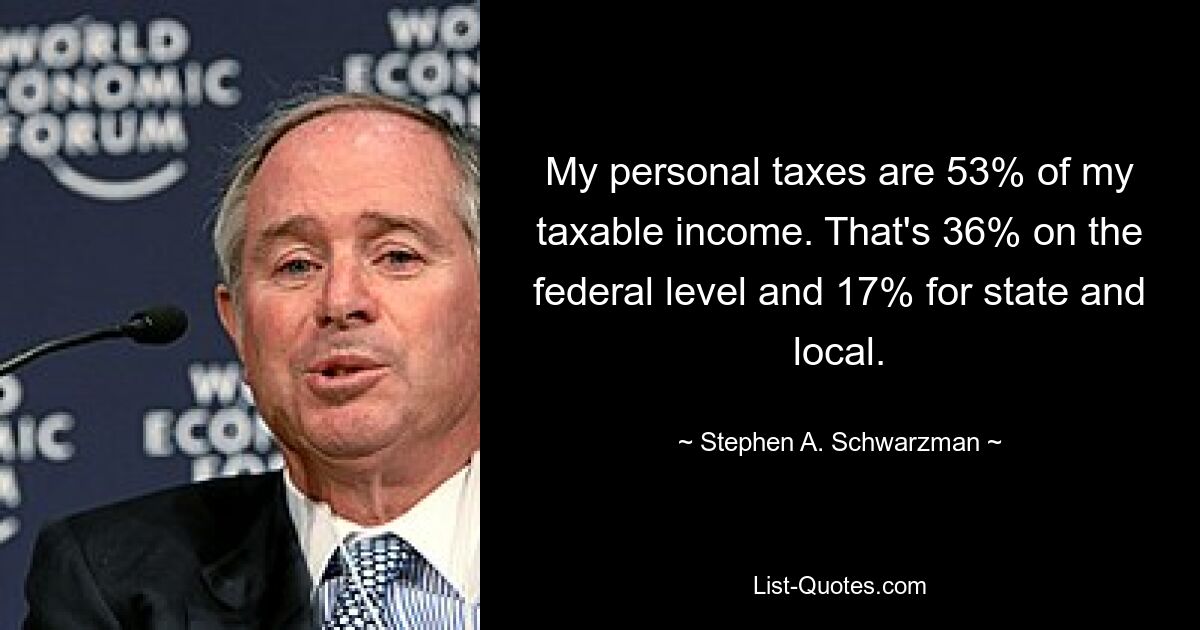 My personal taxes are 53% of my taxable income. That's 36% on the federal level and 17% for state and local. — © Stephen A. Schwarzman