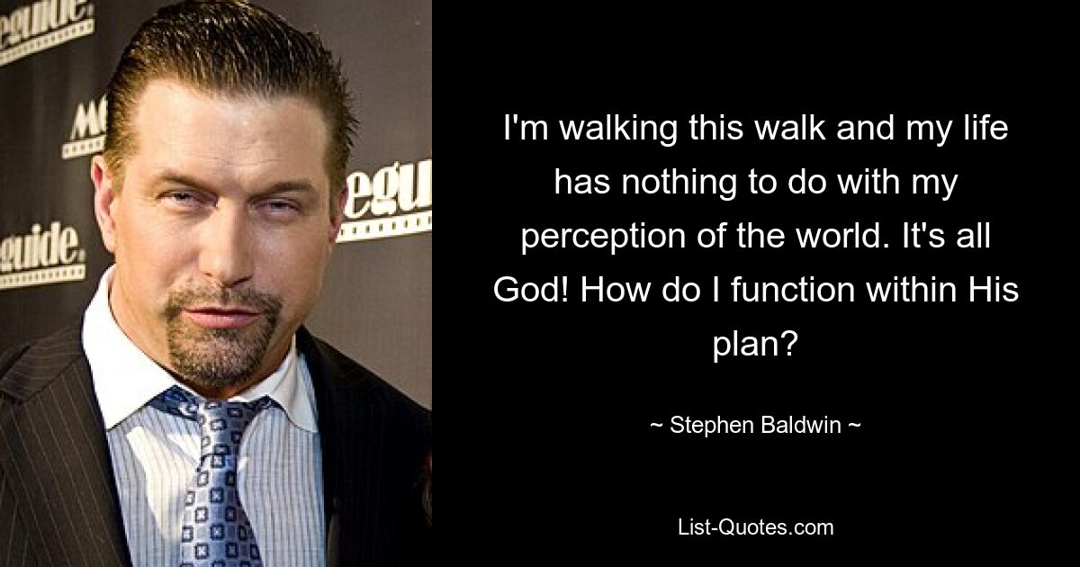 I'm walking this walk and my life has nothing to do with my perception of the world. It's all God! How do I function within His plan? — © Stephen Baldwin