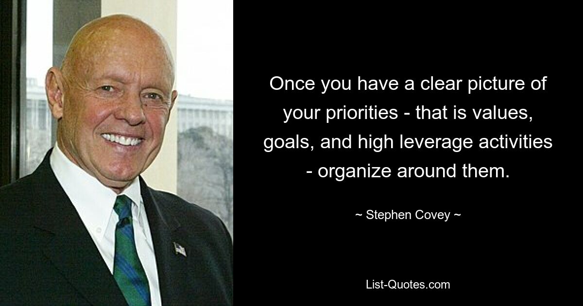 Once you have a clear picture of your priorities - that is values, goals, and high leverage activities - organize around them. — © Stephen Covey