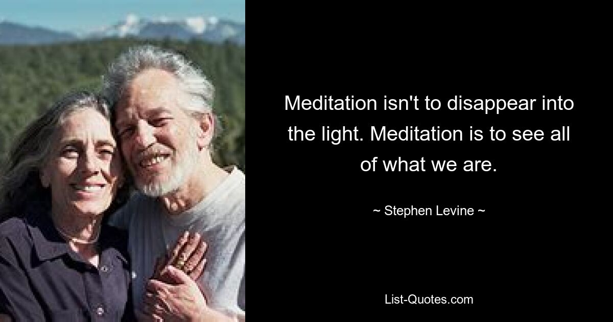 Meditation isn't to disappear into the light. Meditation is to see all of what we are. — © Stephen Levine