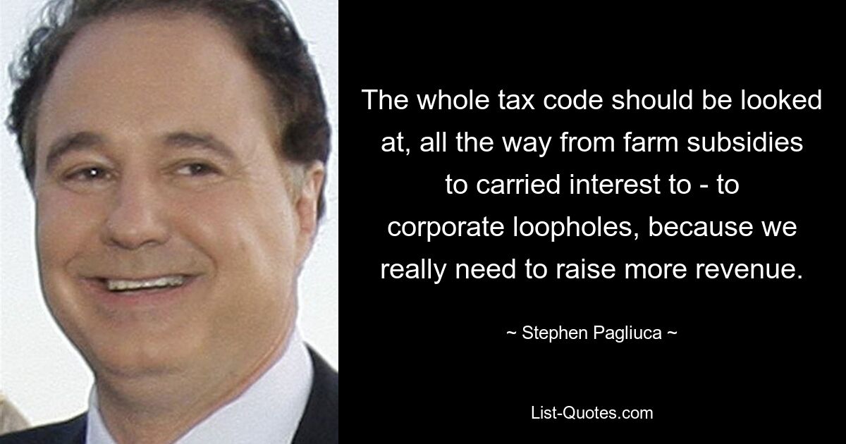 The whole tax code should be looked at, all the way from farm subsidies to carried interest to - to corporate loopholes, because we really need to raise more revenue. — © Stephen Pagliuca